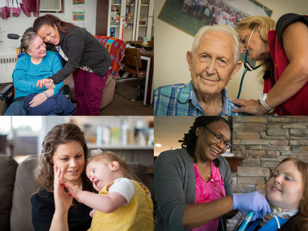 A collage of images of people being cared for.