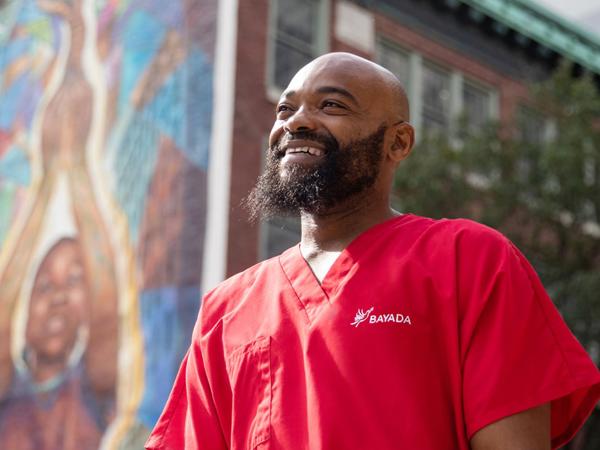 a man in a red shirt