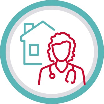 a circular icon with a doctor and a house
