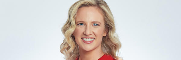 a woman in a red shirt