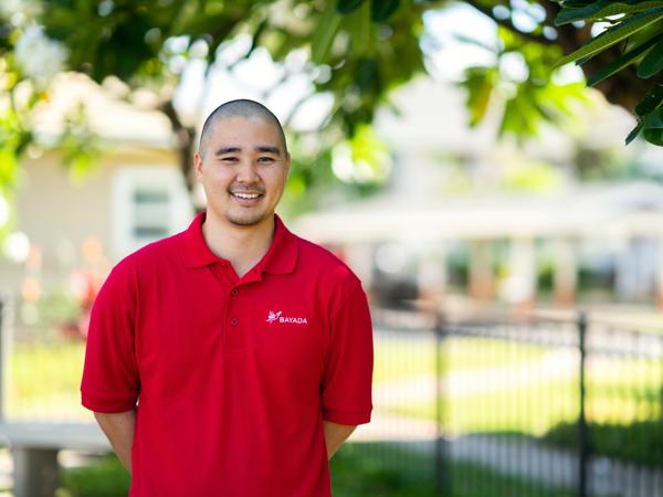 a man in a red shirt