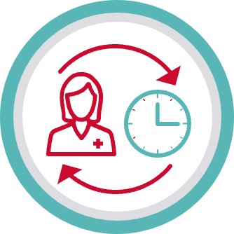a circular icon with a clock and a woman
