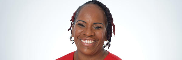 a woman in a red shirt