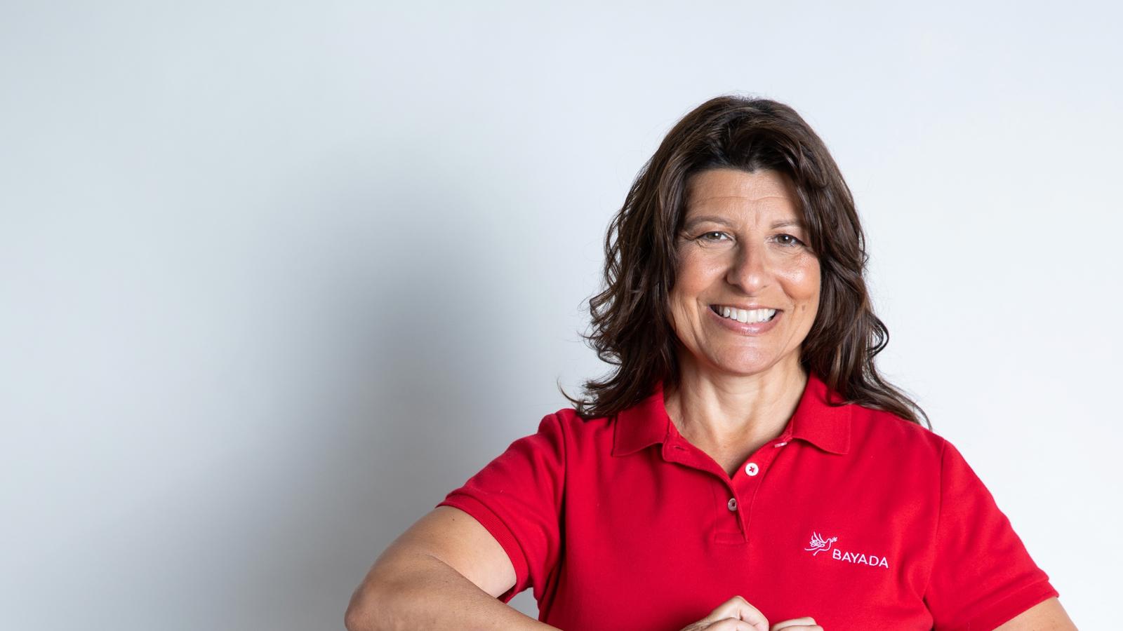 a woman in a red shirt