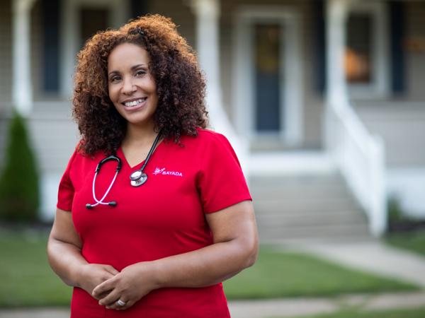 a woman wearing a red shirt