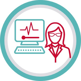 a woman with glasses and a computer screen